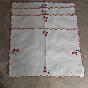 Vintage Placemats  Cream Red Appliques and Embroidered Scalloped Edges